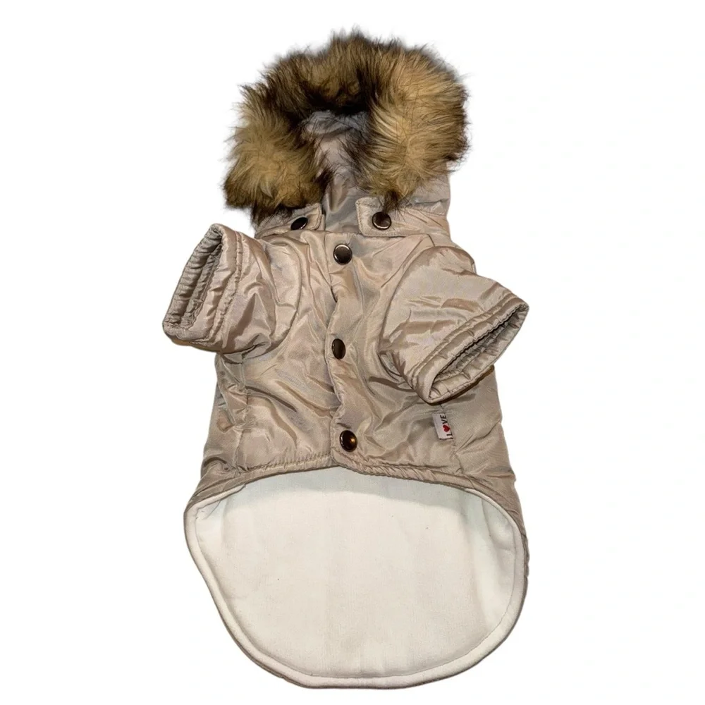 Stylish Tan Dog Jacket with Faux Fur Trim - size S (up to 10 lbs) NWOT